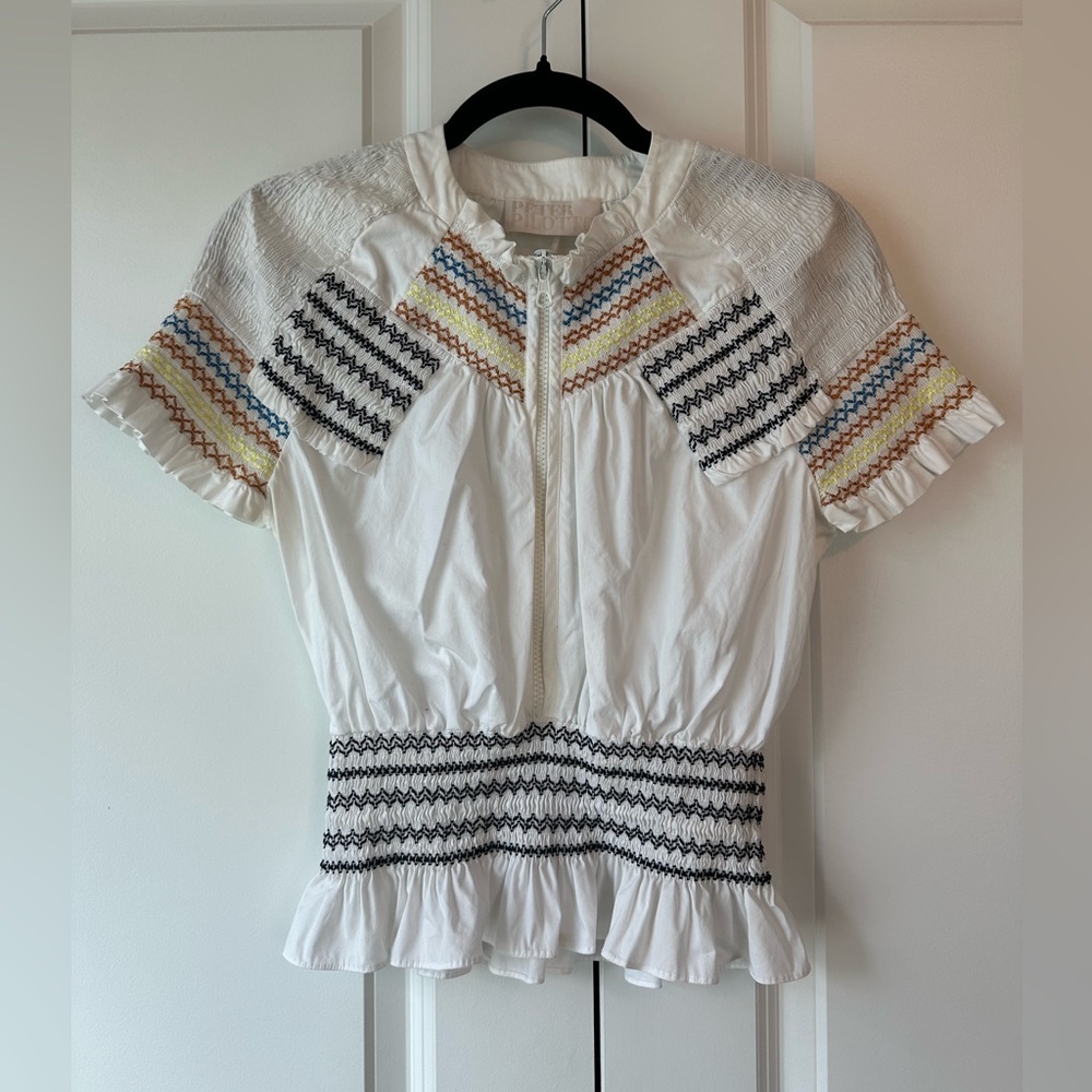 Peter Pilotto Women’s White Smocked Multi Colored Zip Up Blouse (Size 6US)
